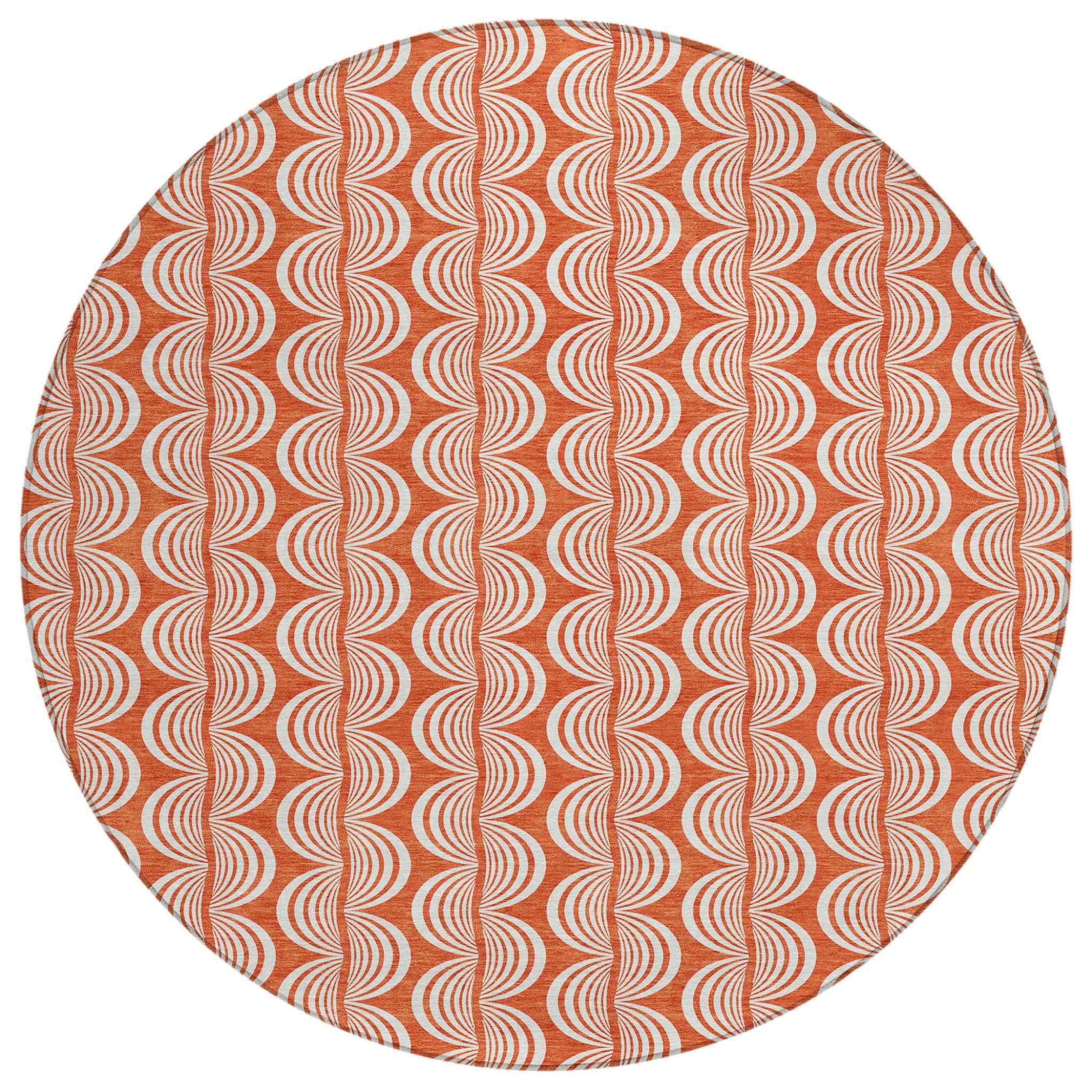 8' Coral And Beige Round Ogee Washable Indoor Outdoor Area Rug