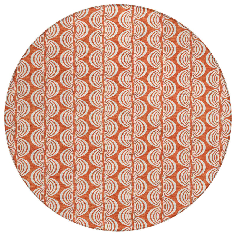 8' Coral And Beige Round Ogee Washable Indoor Outdoor Area Rug