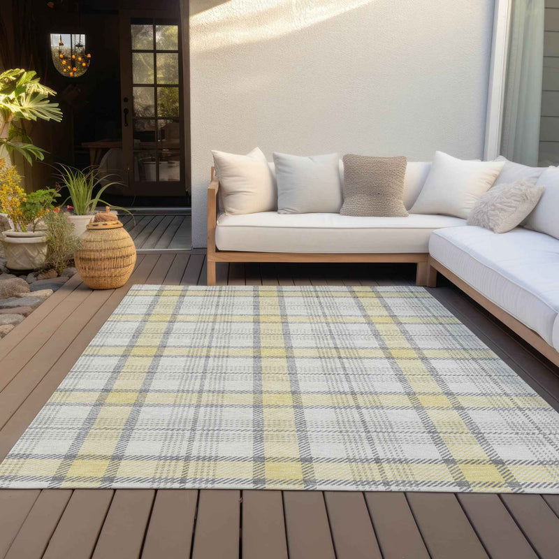 10' X 14' Yellow And Gray Plaid Washable Indoor Outdoor Area Rug