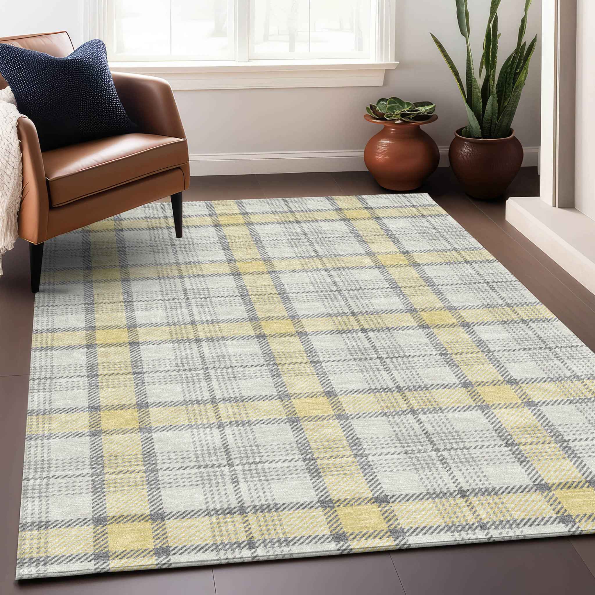 10' X 14' Yellow And Gray Plaid Washable Indoor Outdoor Area Rug