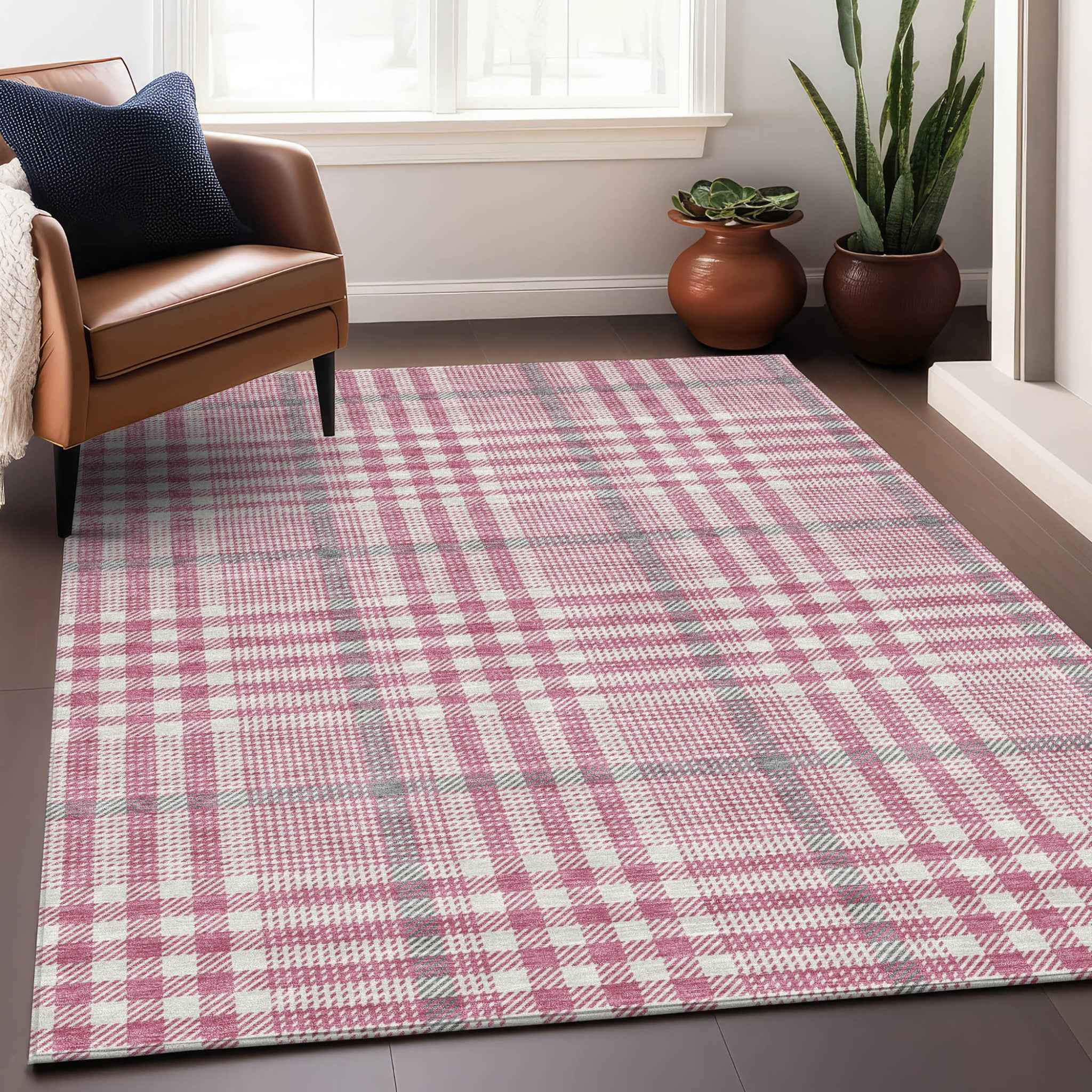 10' X 14' Blush Gray And Ivory Plaid Washable Indoor Outdoor Area Rug