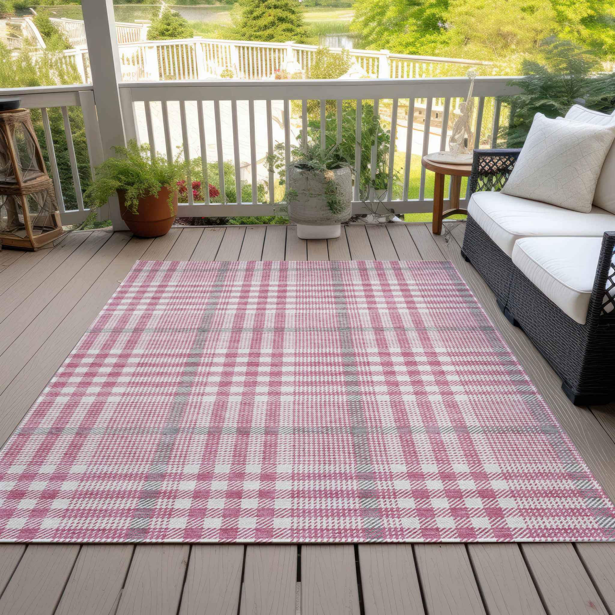 10' X 14' Blush Gray And Ivory Plaid Washable Indoor Outdoor Area Rug