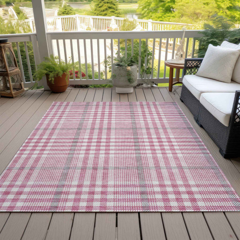 10' X 14' Blush Gray And Ivory Plaid Washable Indoor Outdoor Area Rug