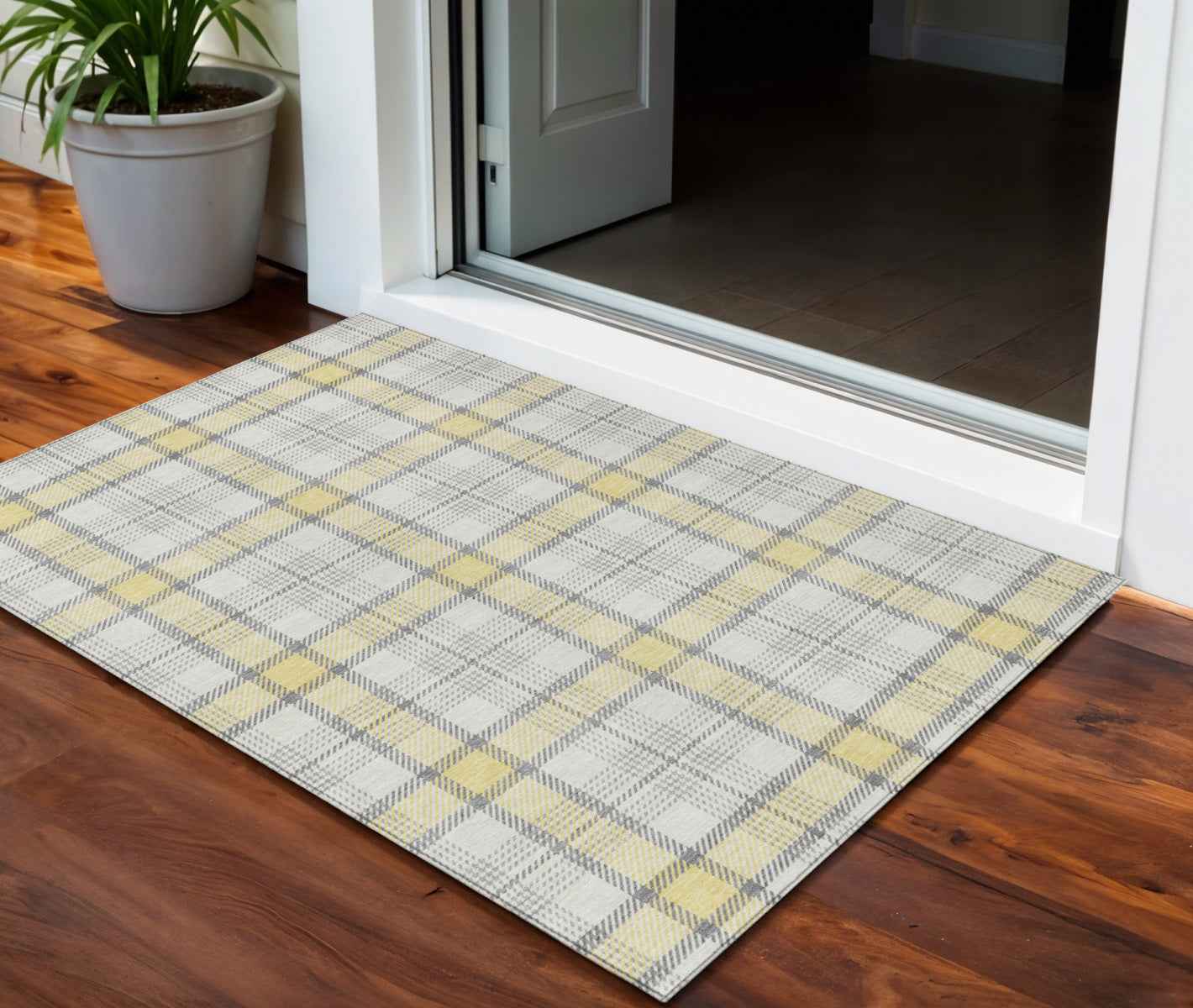 3' X 5' Yellow And Gray Plaid Washable Indoor Outdoor Area Rug