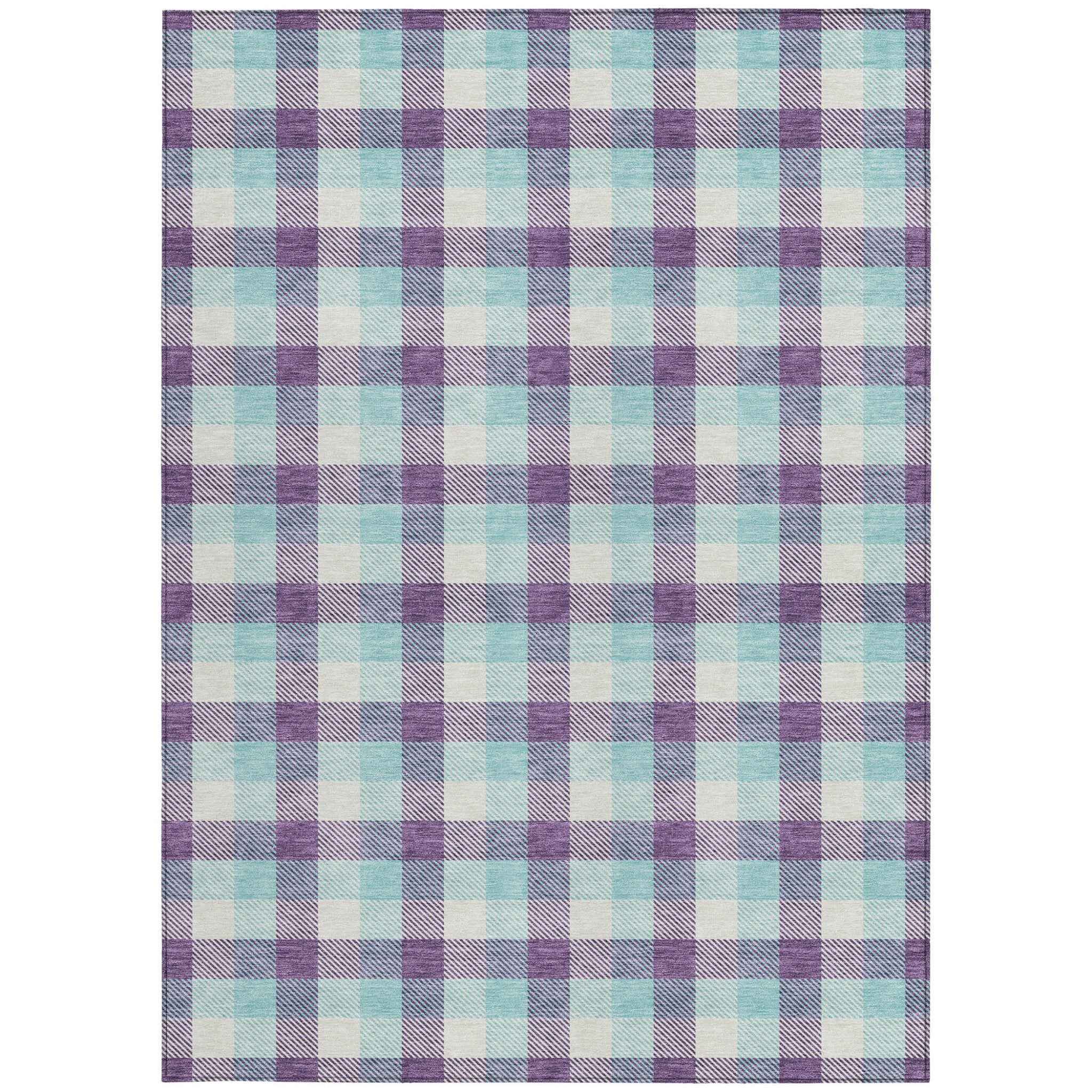 10' X 14' Purple Aqua And Beige Plaid Washable Indoor Outdoor Area Rug