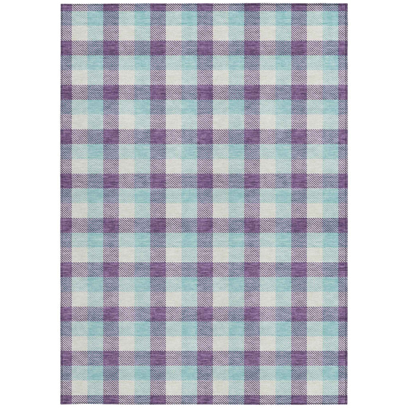 10' X 14' Purple Aqua And Beige Plaid Washable Indoor Outdoor Area Rug
