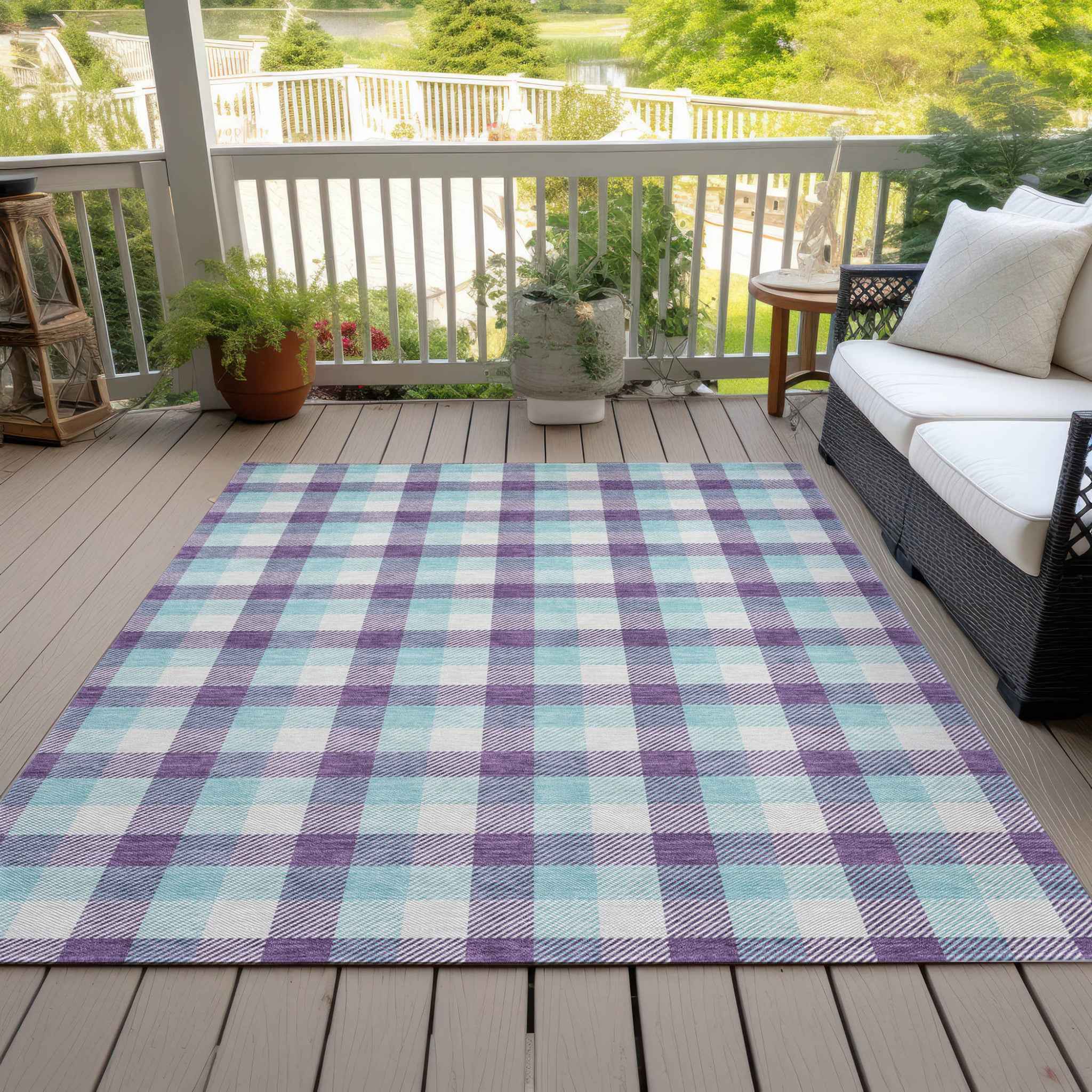 10' X 14' Purple Aqua And Beige Plaid Washable Indoor Outdoor Area Rug