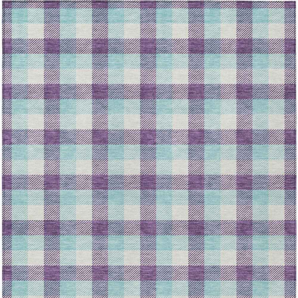 10' X 14' Purple Aqua And Beige Plaid Washable Indoor Outdoor Area Rug
