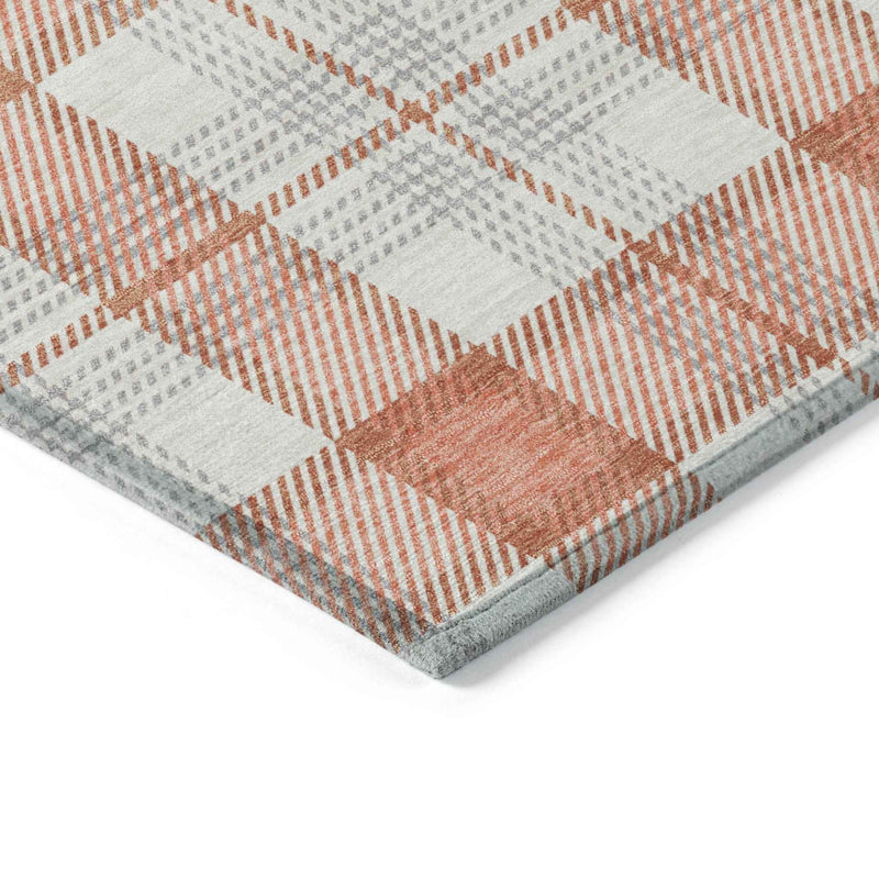 9' X 12' Coral And Beige Plaid Washable Indoor Outdoor Area Rug