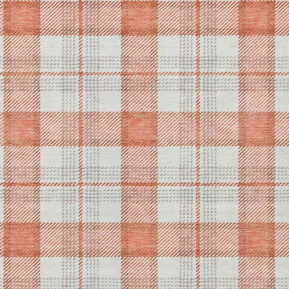 9' X 12' Coral And Beige Plaid Washable Indoor Outdoor Area Rug