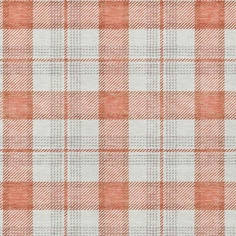 9' X 12' Coral And Beige Plaid Washable Indoor Outdoor Area Rug