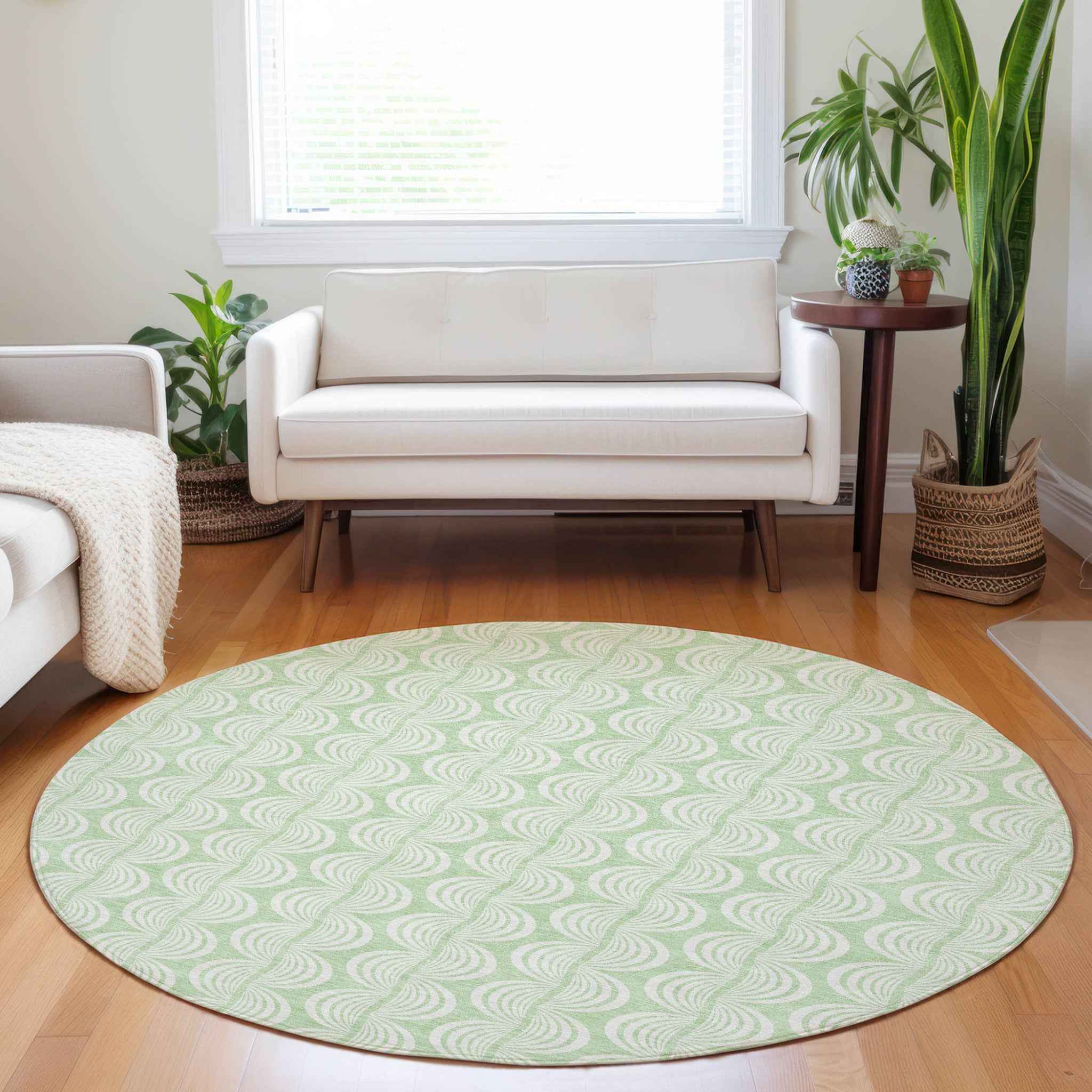 8' Mint Green And Beige Round Ogee Washable Indoor Outdoor Area Rug