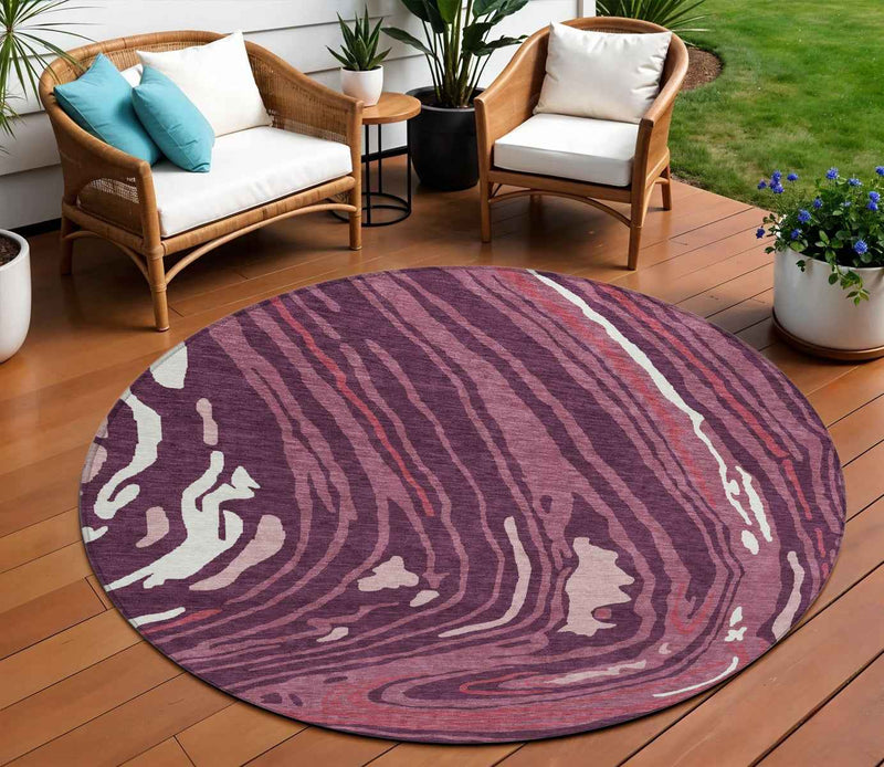 8' Burgundy Brick Red And Ivory Round Abstract Washable Indoor Outdoor Area Rug
