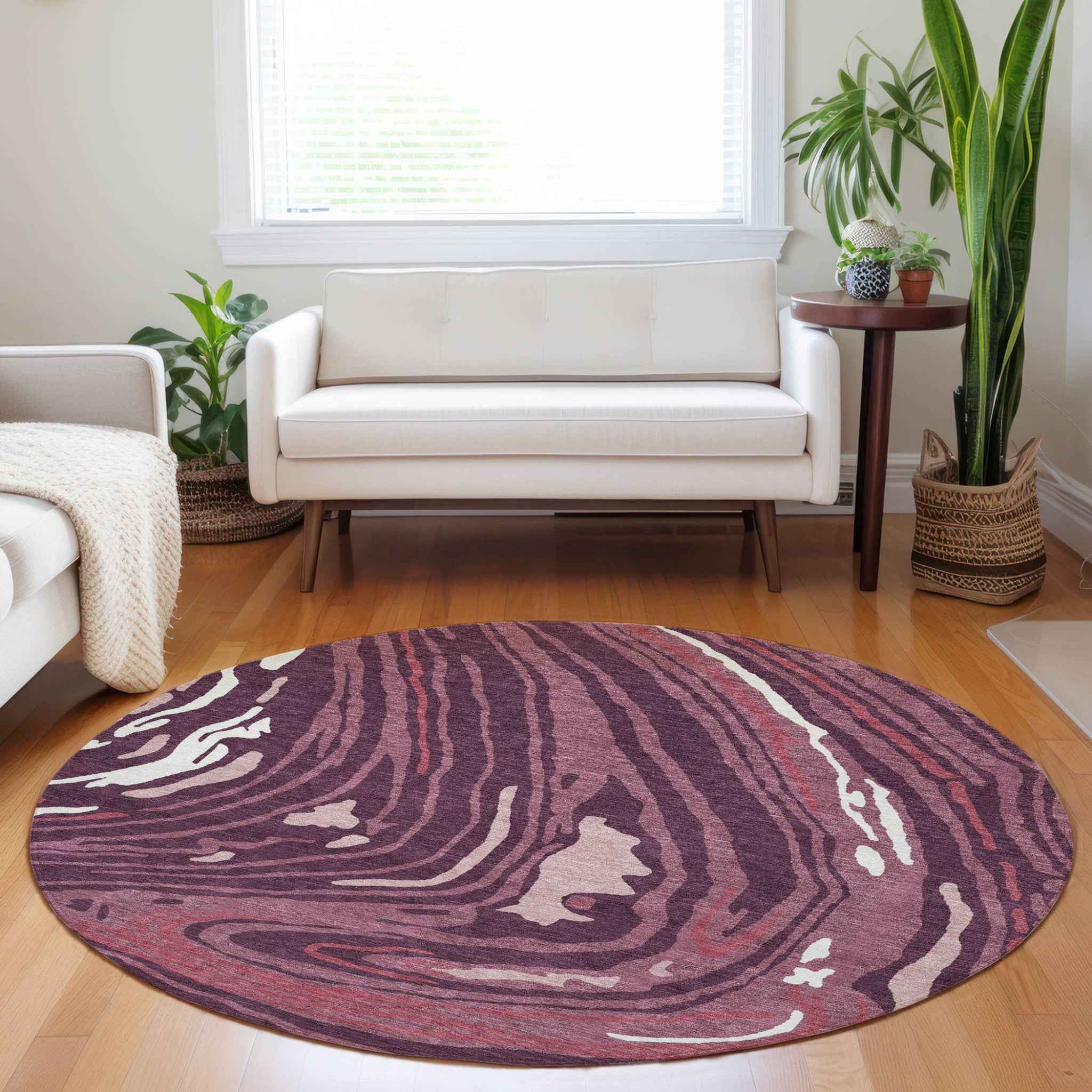 8' Burgundy Brick Red And Ivory Round Abstract Washable Indoor Outdoor Area Rug