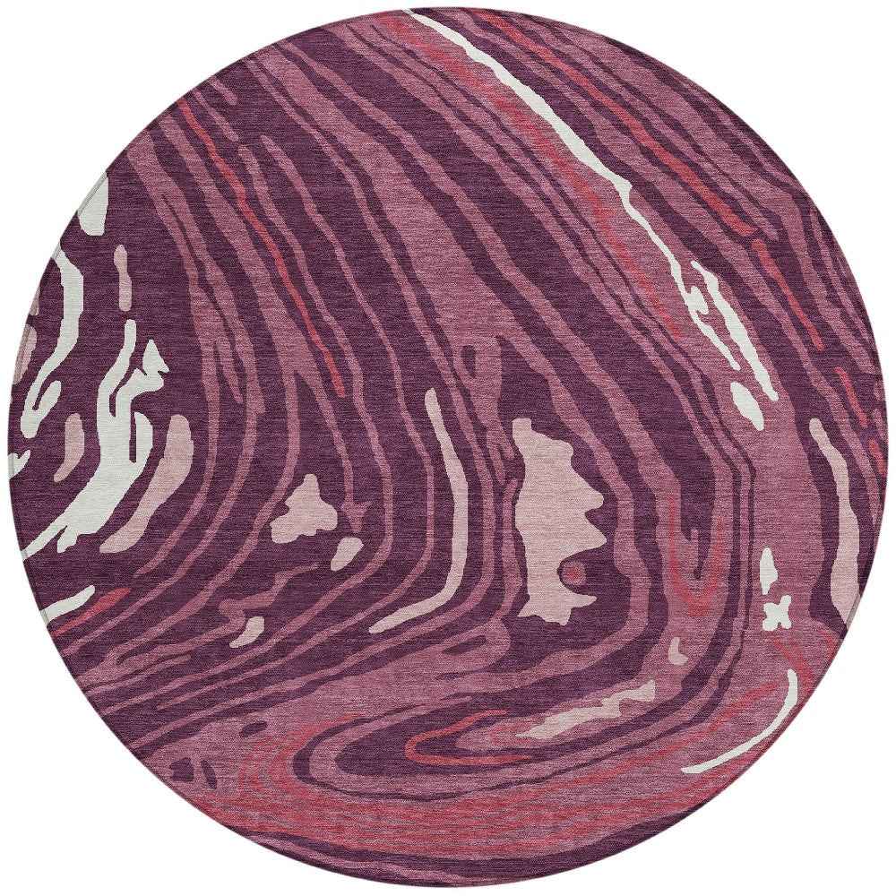 8' Burgundy Brick Red And Ivory Round Abstract Washable Indoor Outdoor Area Rug
