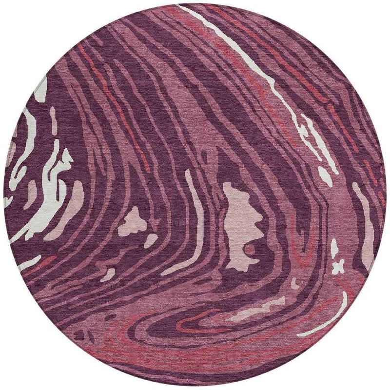 8' Burgundy Brick Red And Ivory Round Abstract Washable Indoor Outdoor Area Rug