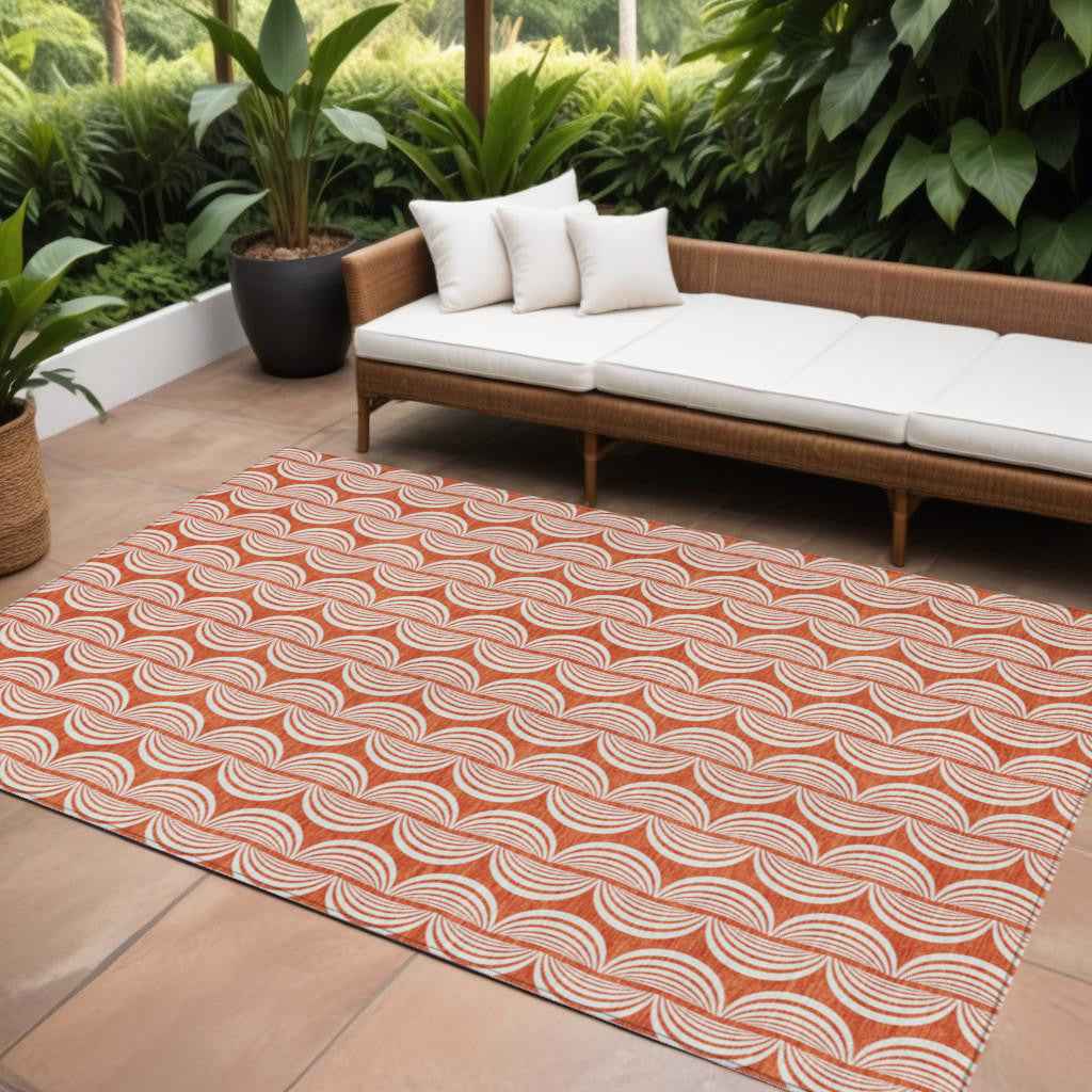 9' X 12' Coral And Beige Ogee Washable Indoor Outdoor Area Rug