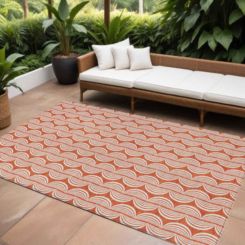 9' X 12' Coral And Beige Ogee Washable Indoor Outdoor Area Rug