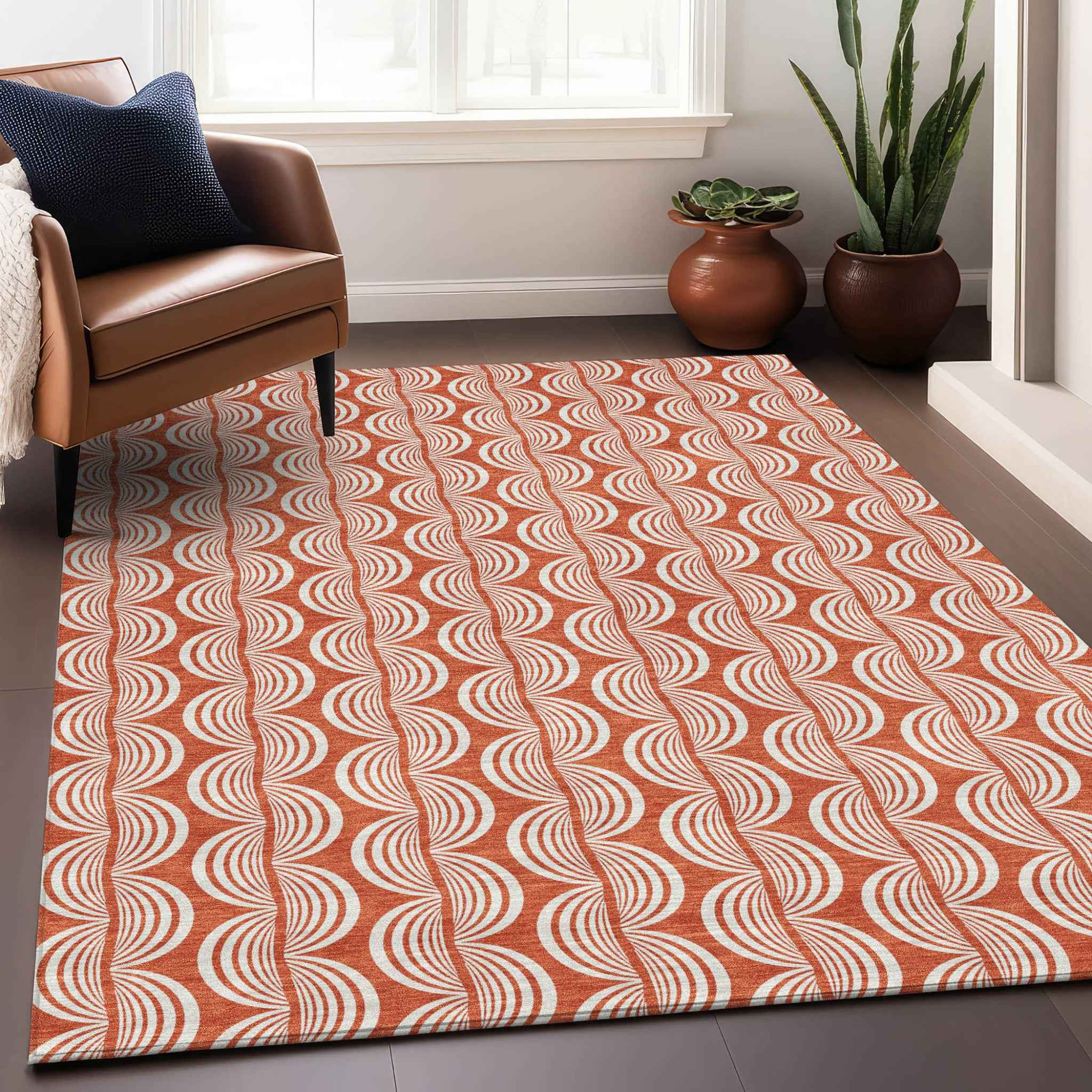 9' X 12' Coral And Beige Ogee Washable Indoor Outdoor Area Rug