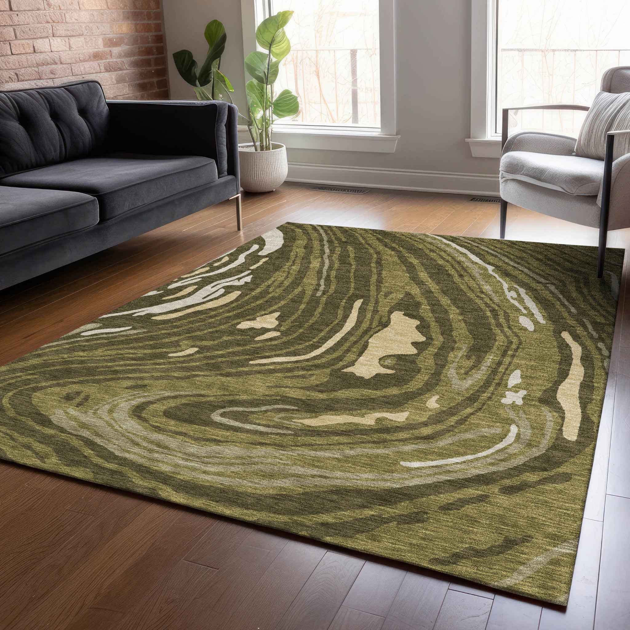 10' X 14' Olive Green And Beige Abstract Washable Indoor Outdoor Area Rug