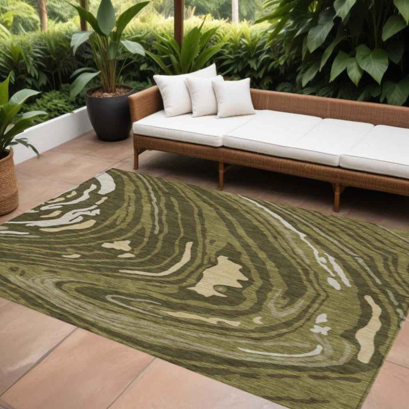10' X 14' Olive Green And Beige Abstract Washable Indoor Outdoor Area Rug