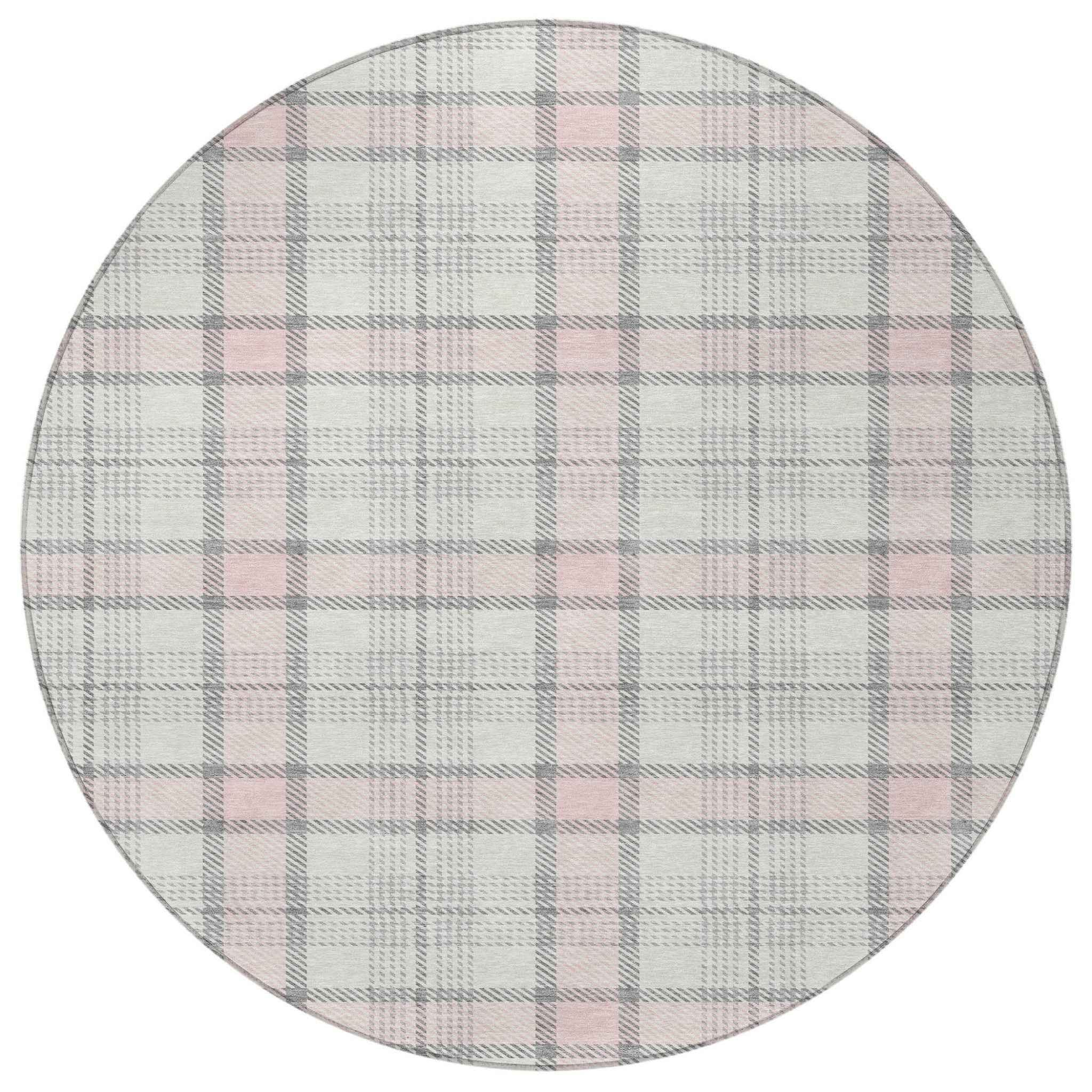 8' Pink And Gray Round Plaid Washable Indoor Outdoor Area Rug