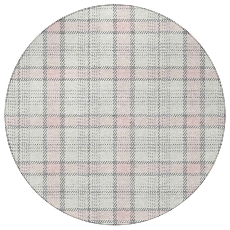 8' Pink And Gray Round Plaid Washable Indoor Outdoor Area Rug