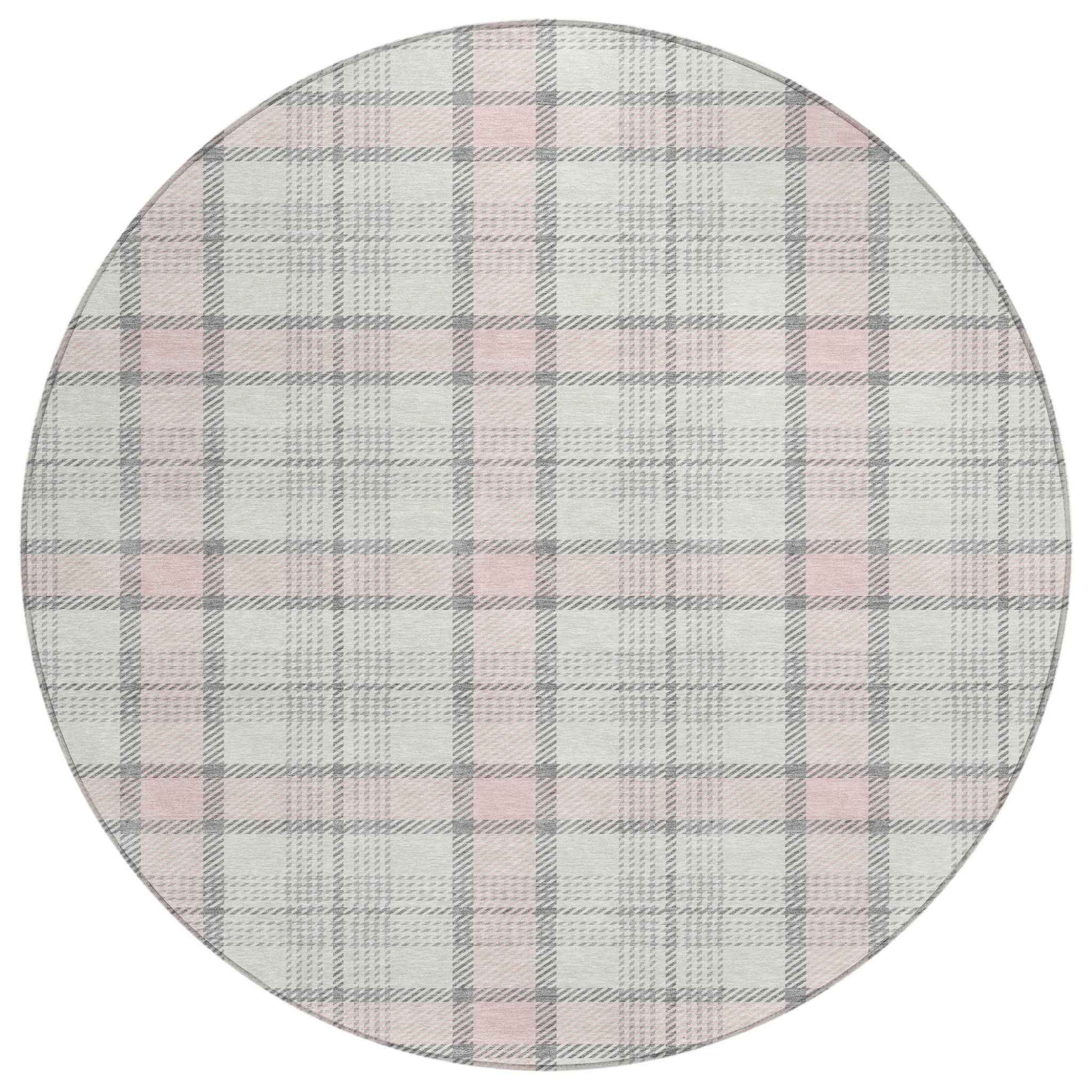 8' Pink And Gray Round Plaid Washable Indoor Outdoor Area Rug