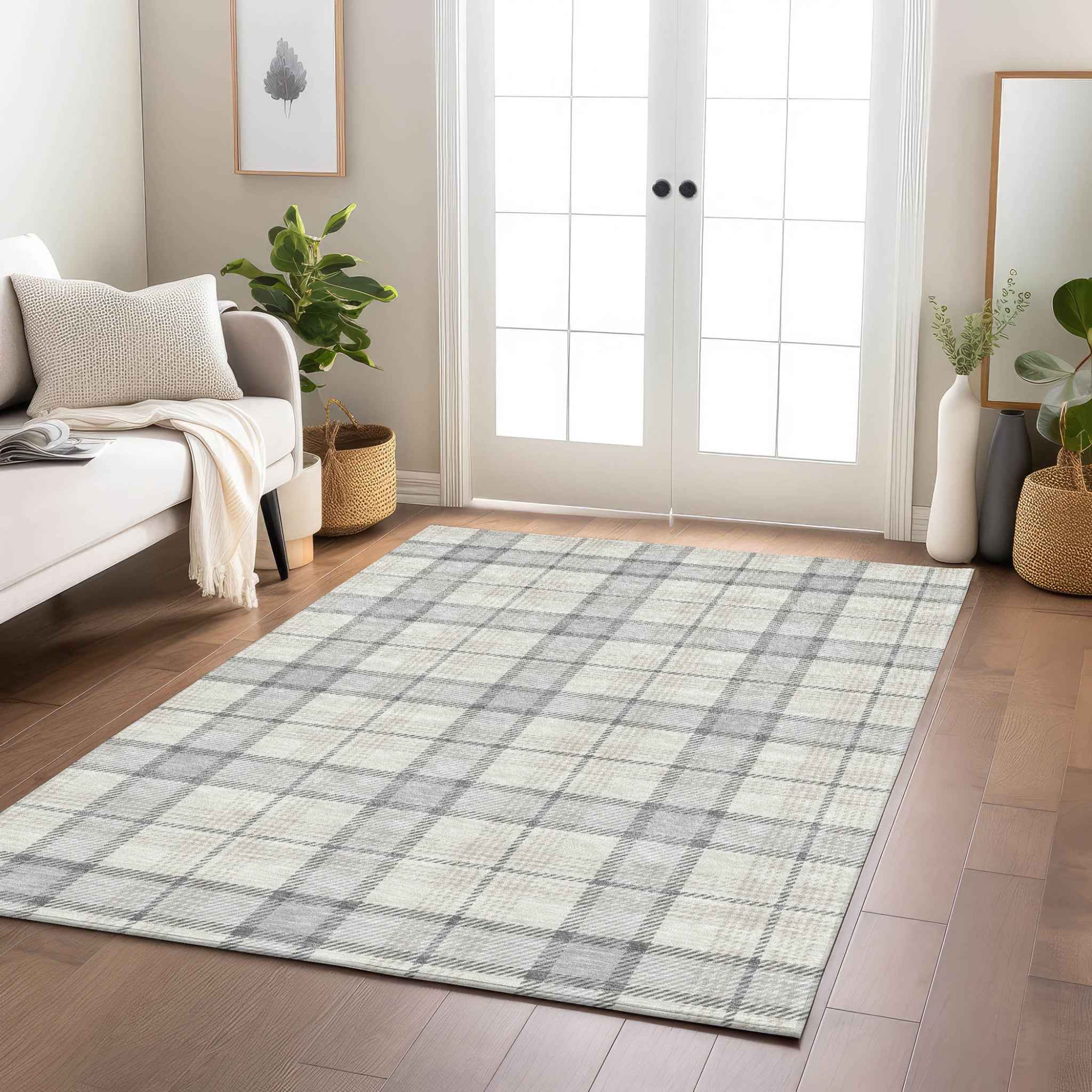 8' X 10' Silver And Gray Plaid Washable Indoor Outdoor Area Rug