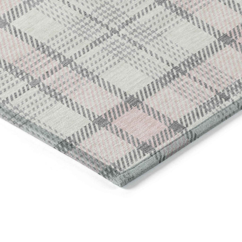 8' Pink And Gray Round Plaid Washable Indoor Outdoor Area Rug