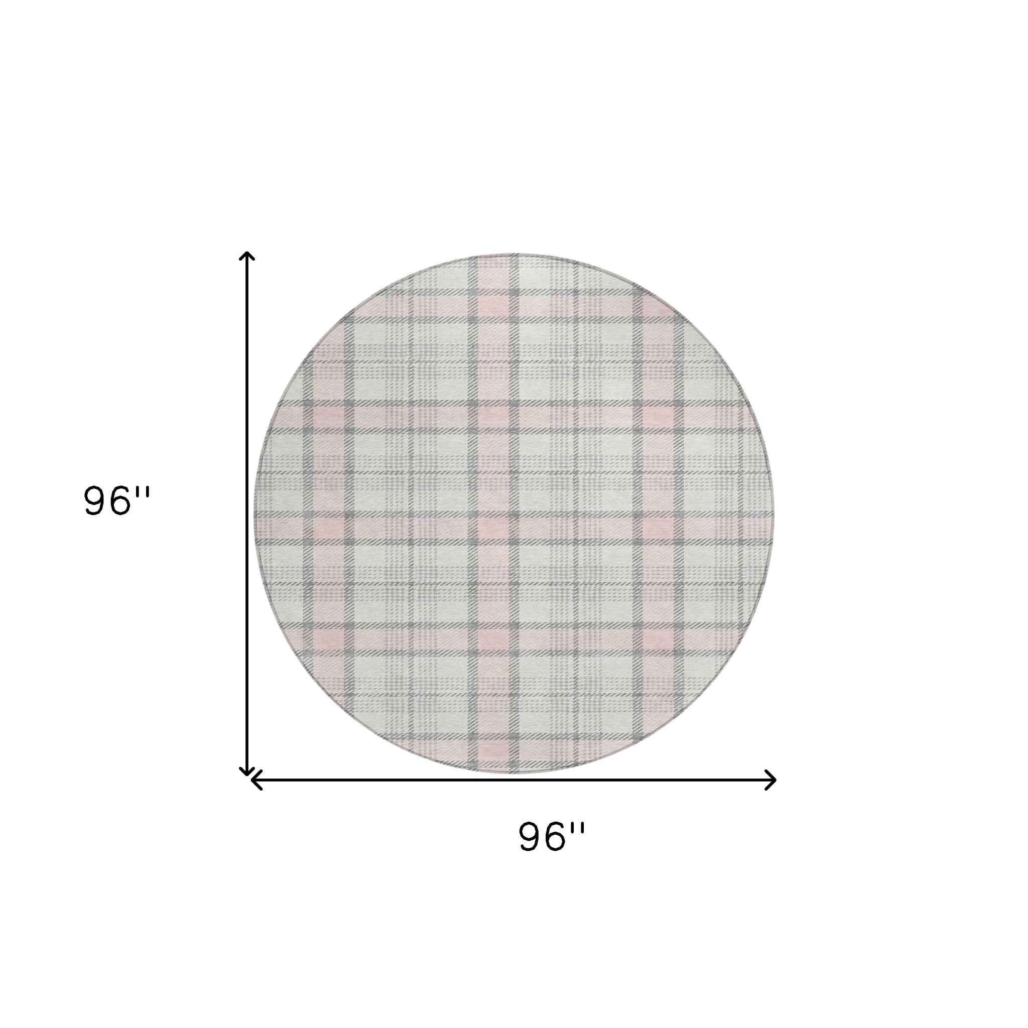 8' Pink And Gray Round Plaid Washable Indoor Outdoor Area Rug
