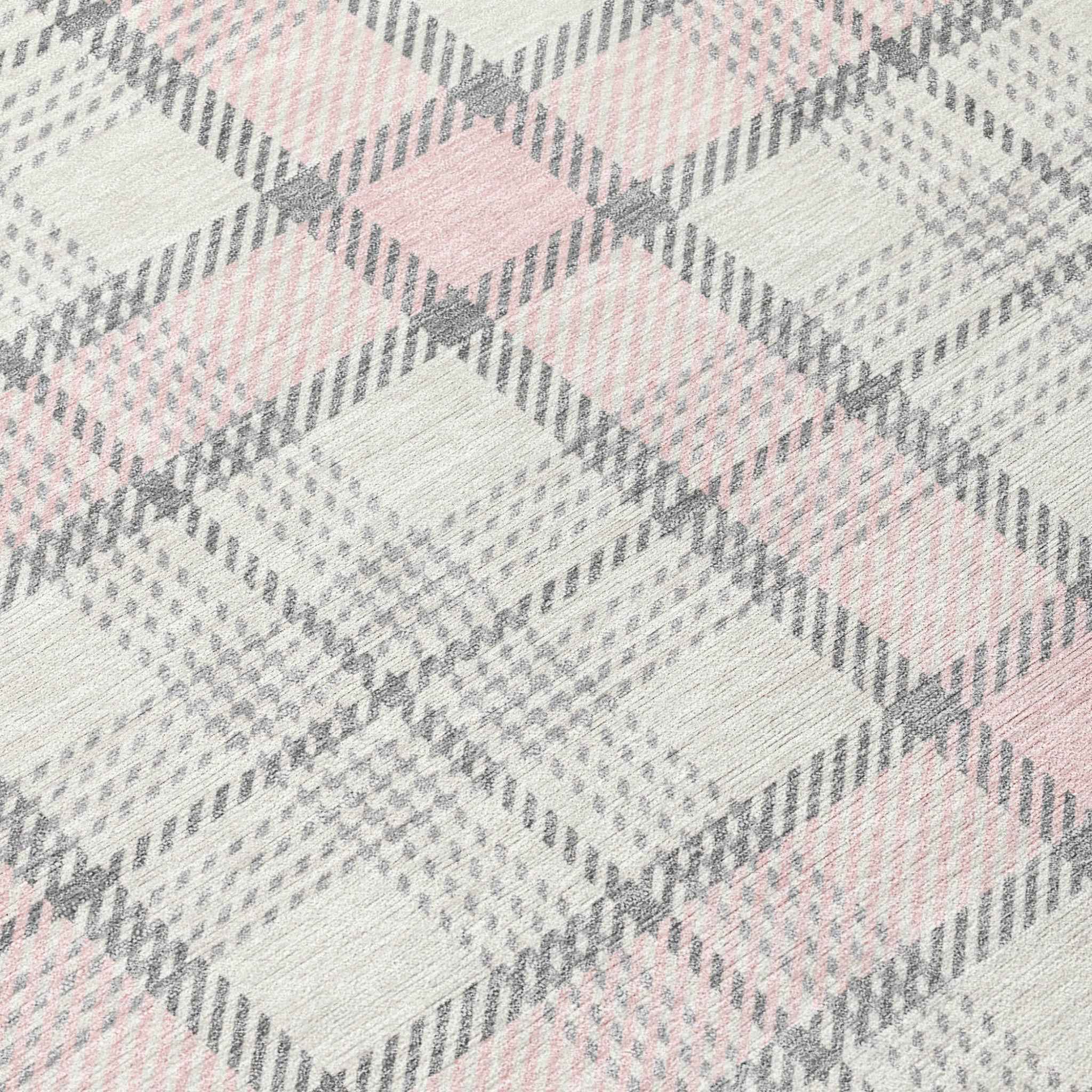 8' Pink And Gray Round Plaid Washable Indoor Outdoor Area Rug