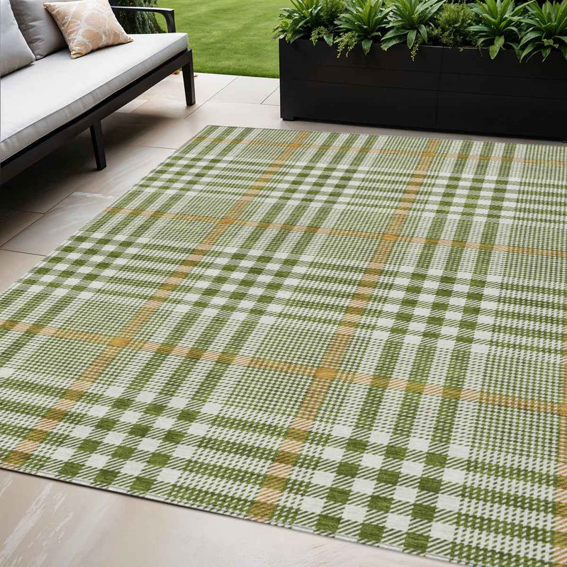 5' X 8' Olive Green Brown And Ivory Plaid Washable Indoor Outdoor Area Rug