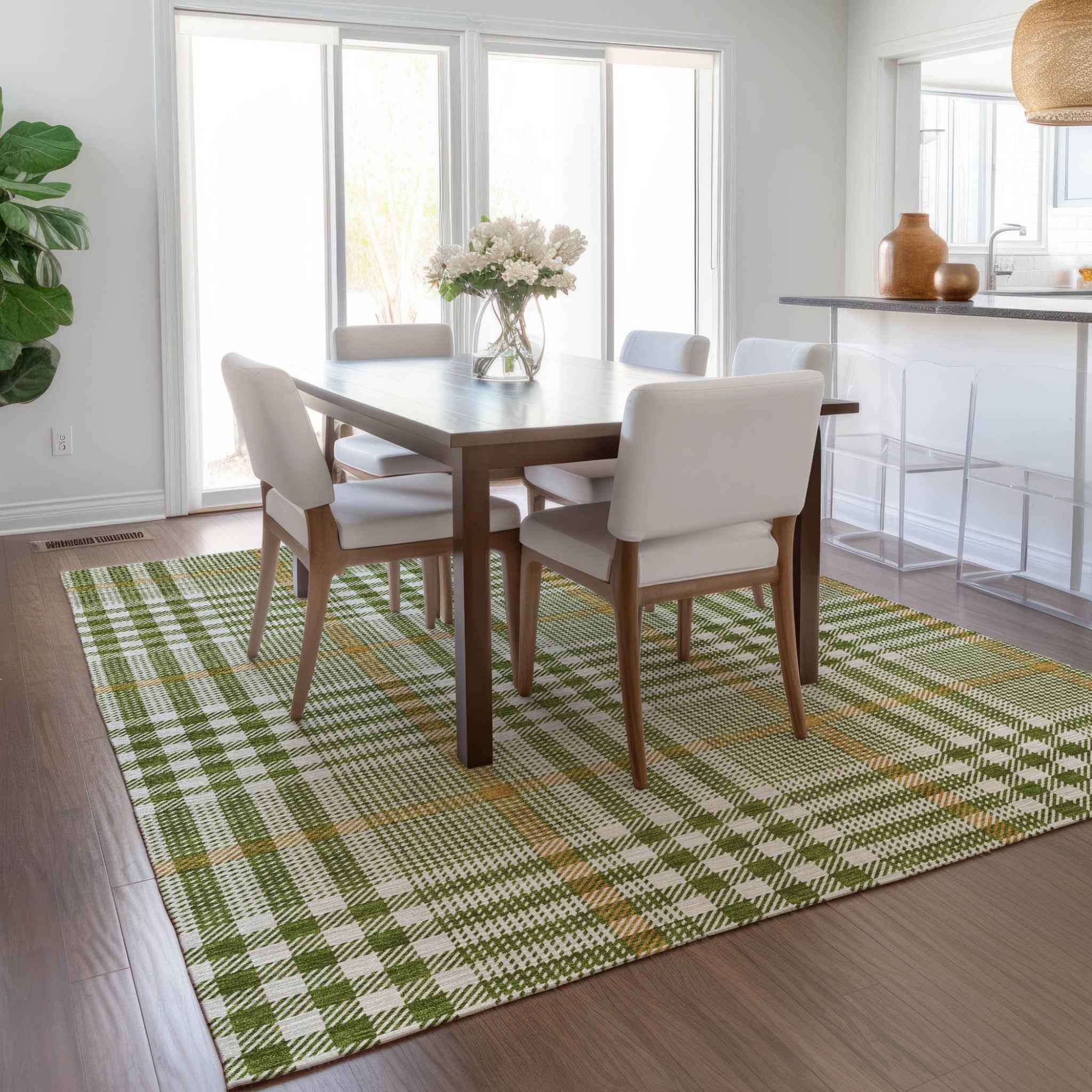 5' X 8' Olive Green Brown And Ivory Plaid Washable Indoor Outdoor Area Rug