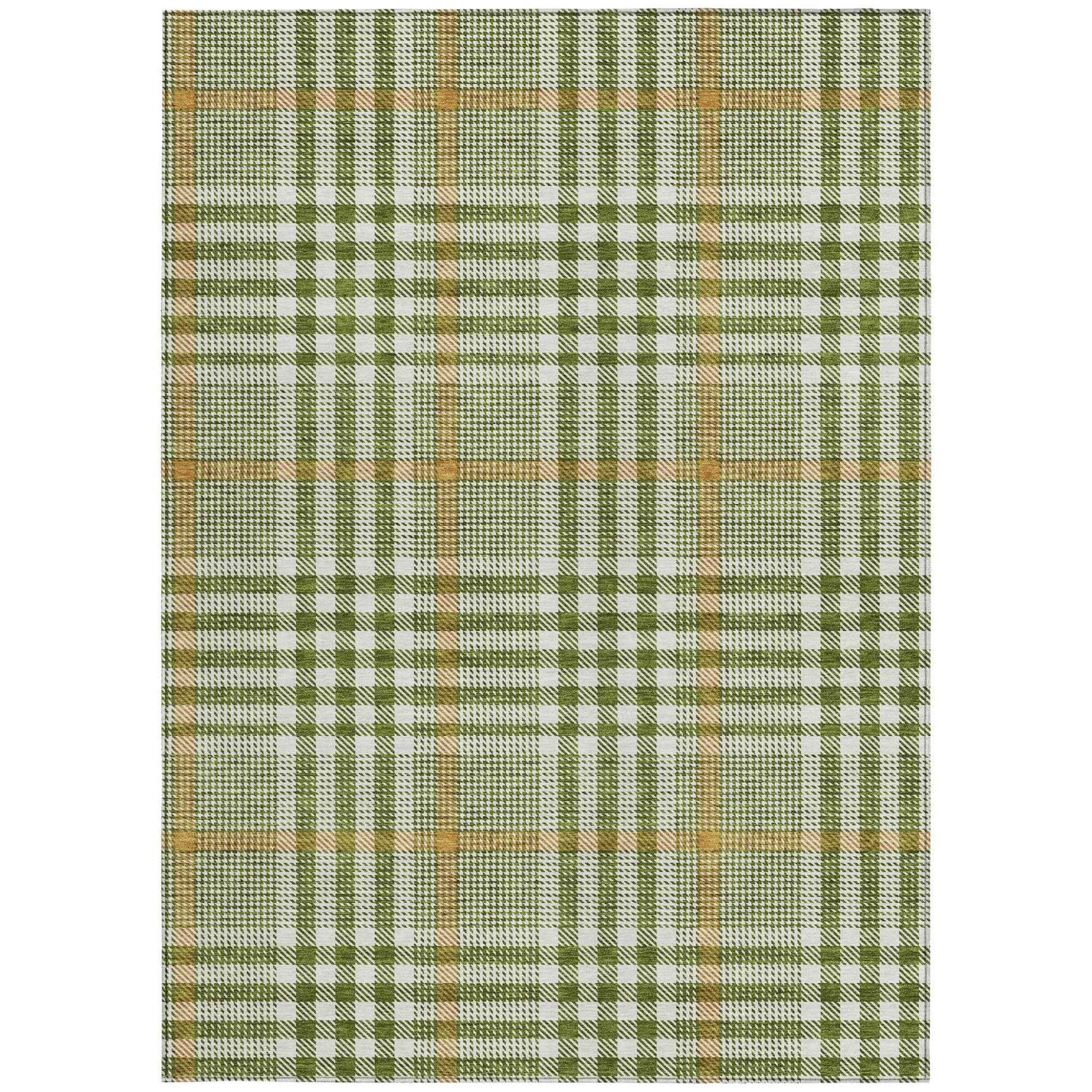 5' X 8' Olive Green Brown And Ivory Plaid Washable Indoor Outdoor Area Rug