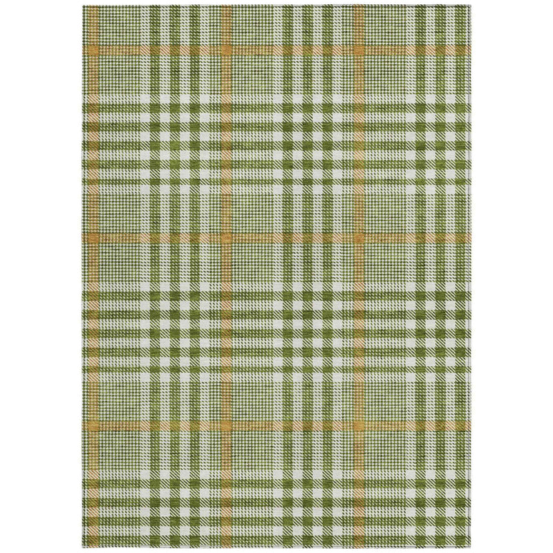 5' X 8' Olive Green Brown And Ivory Plaid Washable Indoor Outdoor Area Rug