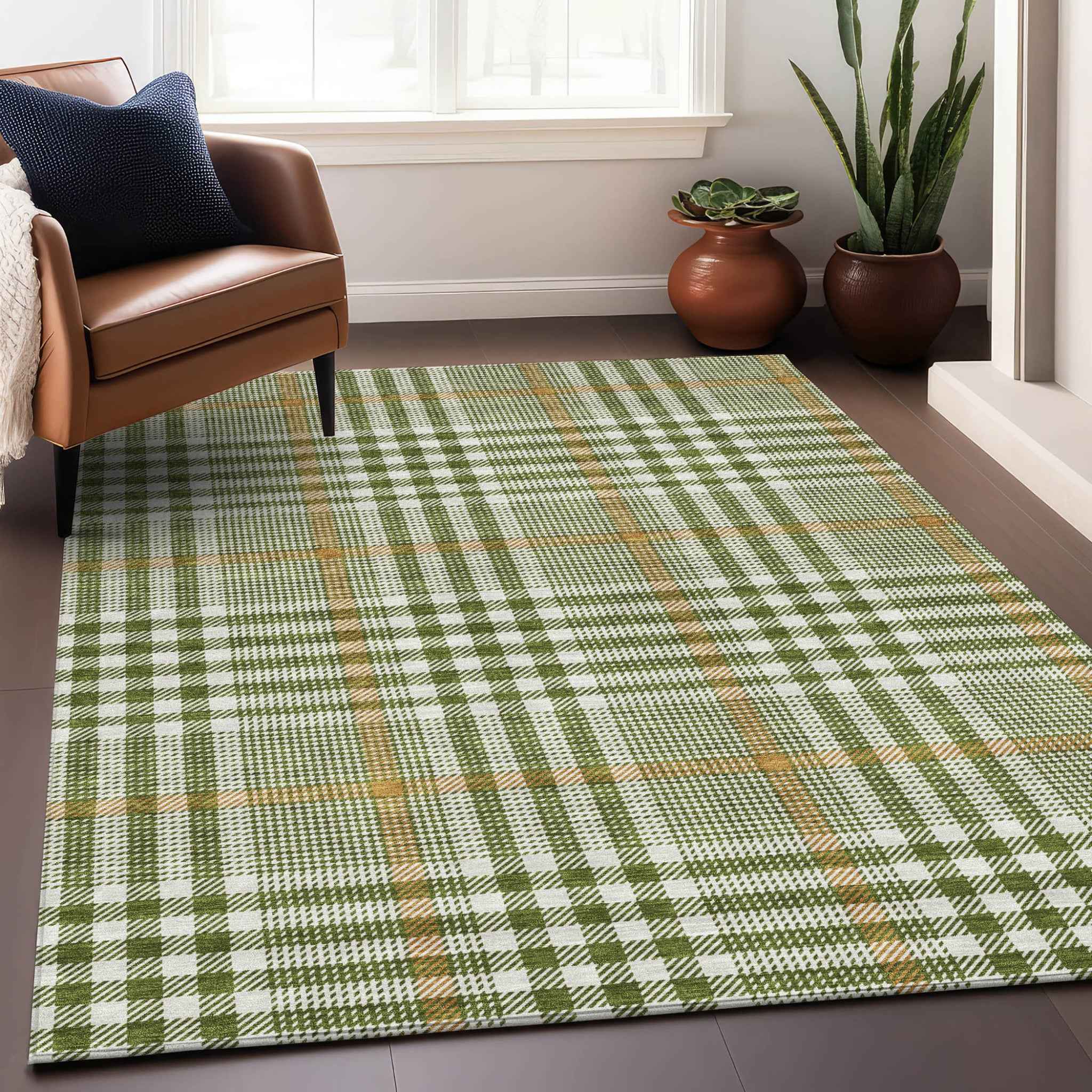 5' X 8' Olive Green Brown And Ivory Plaid Washable Indoor Outdoor Area Rug