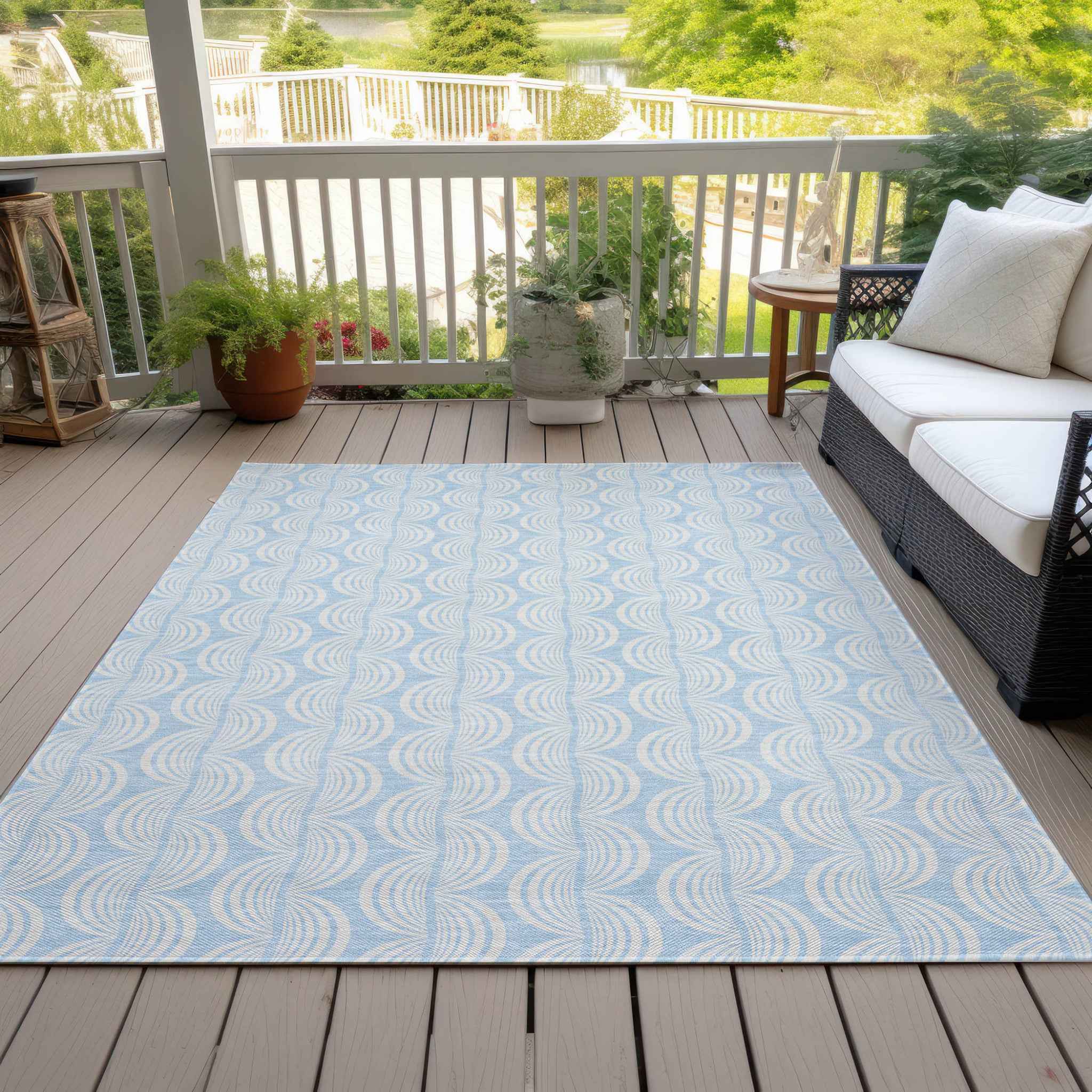 5' X 8' Sky Blue And Beige Ogee Washable Indoor Outdoor Area Rug