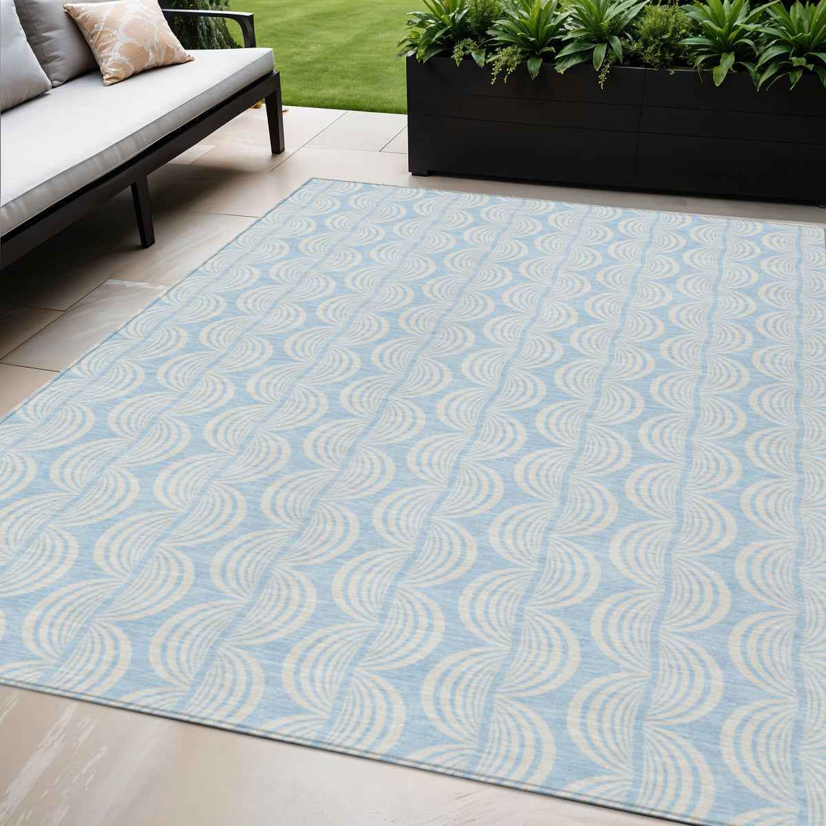 5' X 8' Sky Blue And Beige Ogee Washable Indoor Outdoor Area Rug