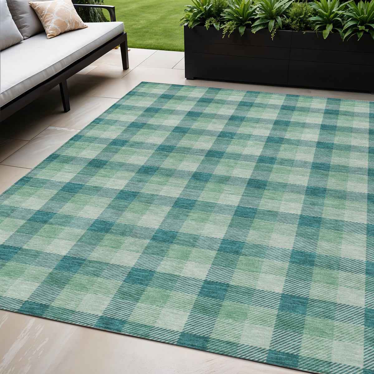 5' X 8' Blue And Green Plaid Washable Indoor Outdoor Area Rug