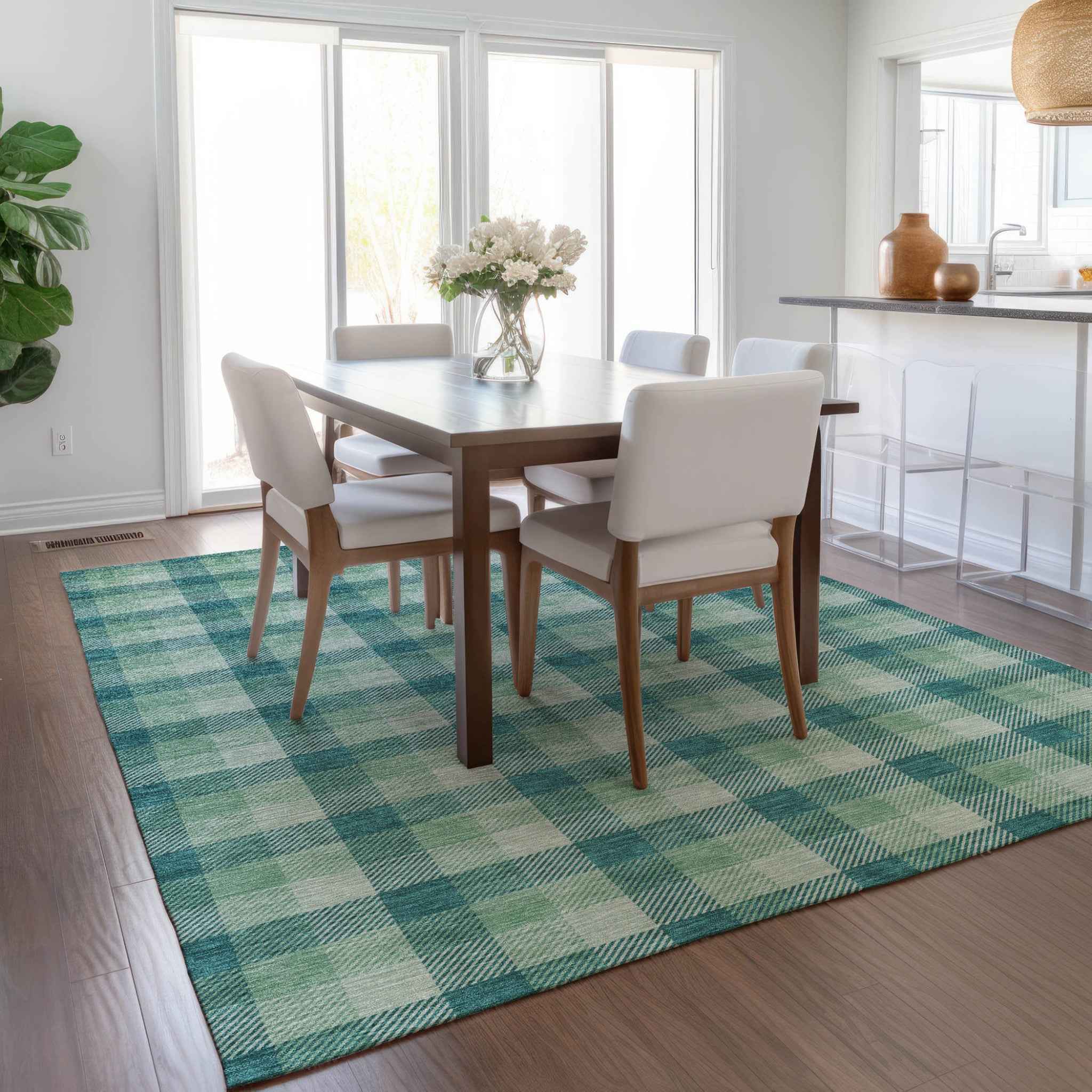 5' X 8' Blue And Green Plaid Washable Indoor Outdoor Area Rug