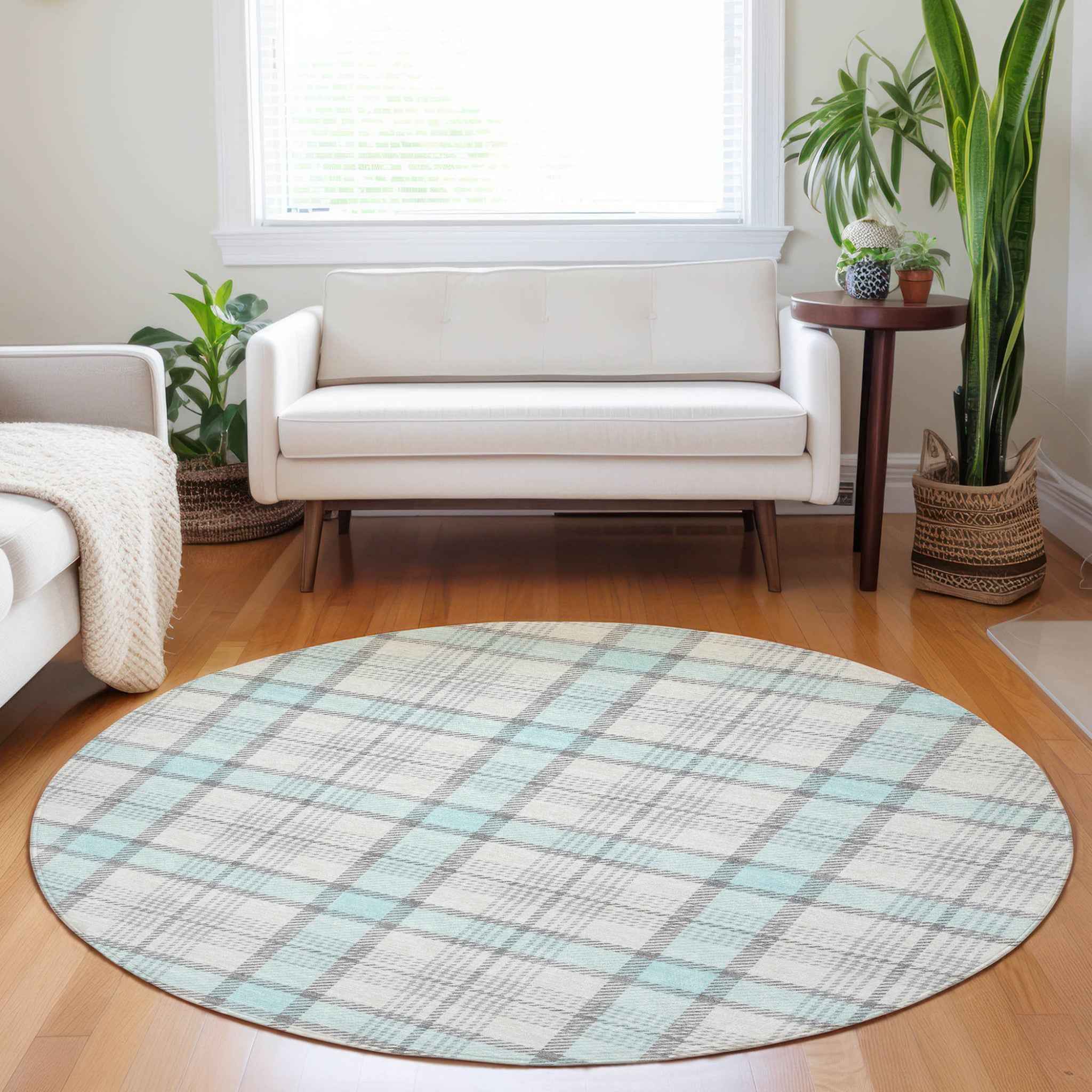8' Sky Blue And Gray Round Plaid Washable Indoor Outdoor Area Rug