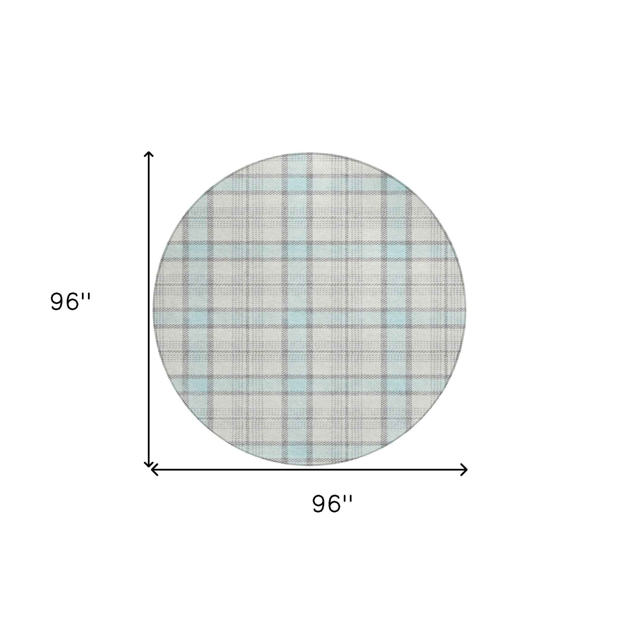 8' Sky Blue And Gray Round Plaid Washable Indoor Outdoor Area Rug