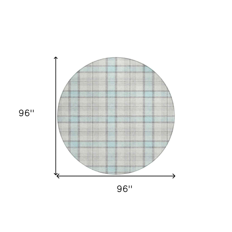8' Sky Blue And Gray Round Plaid Washable Indoor Outdoor Area Rug
