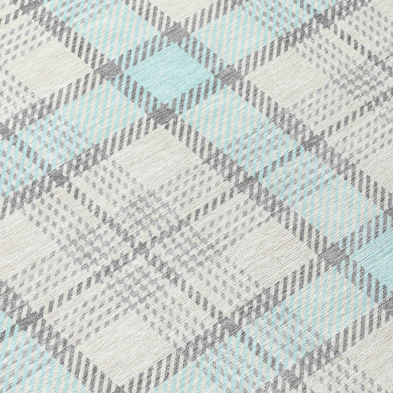 8' Sky Blue And Gray Round Plaid Washable Indoor Outdoor Area Rug
