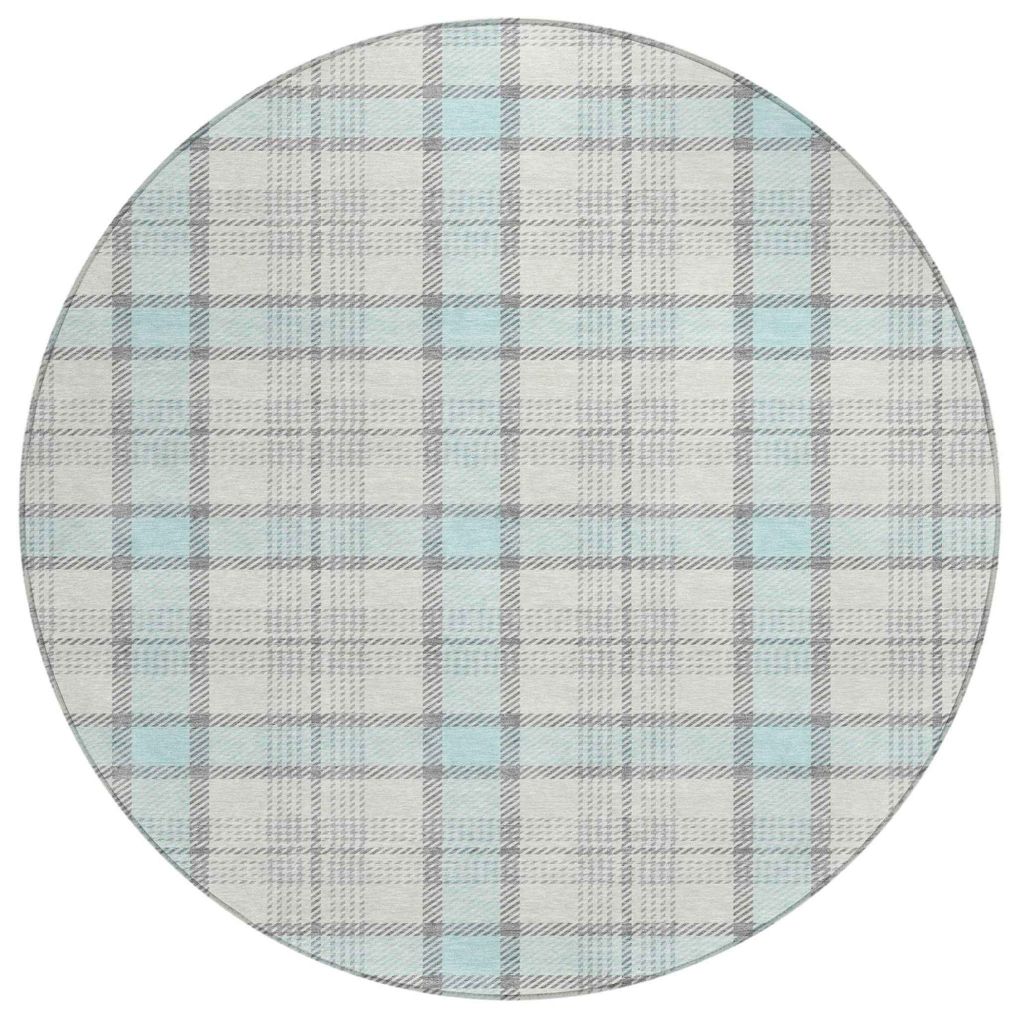 8' Sky Blue And Gray Round Plaid Washable Indoor Outdoor Area Rug