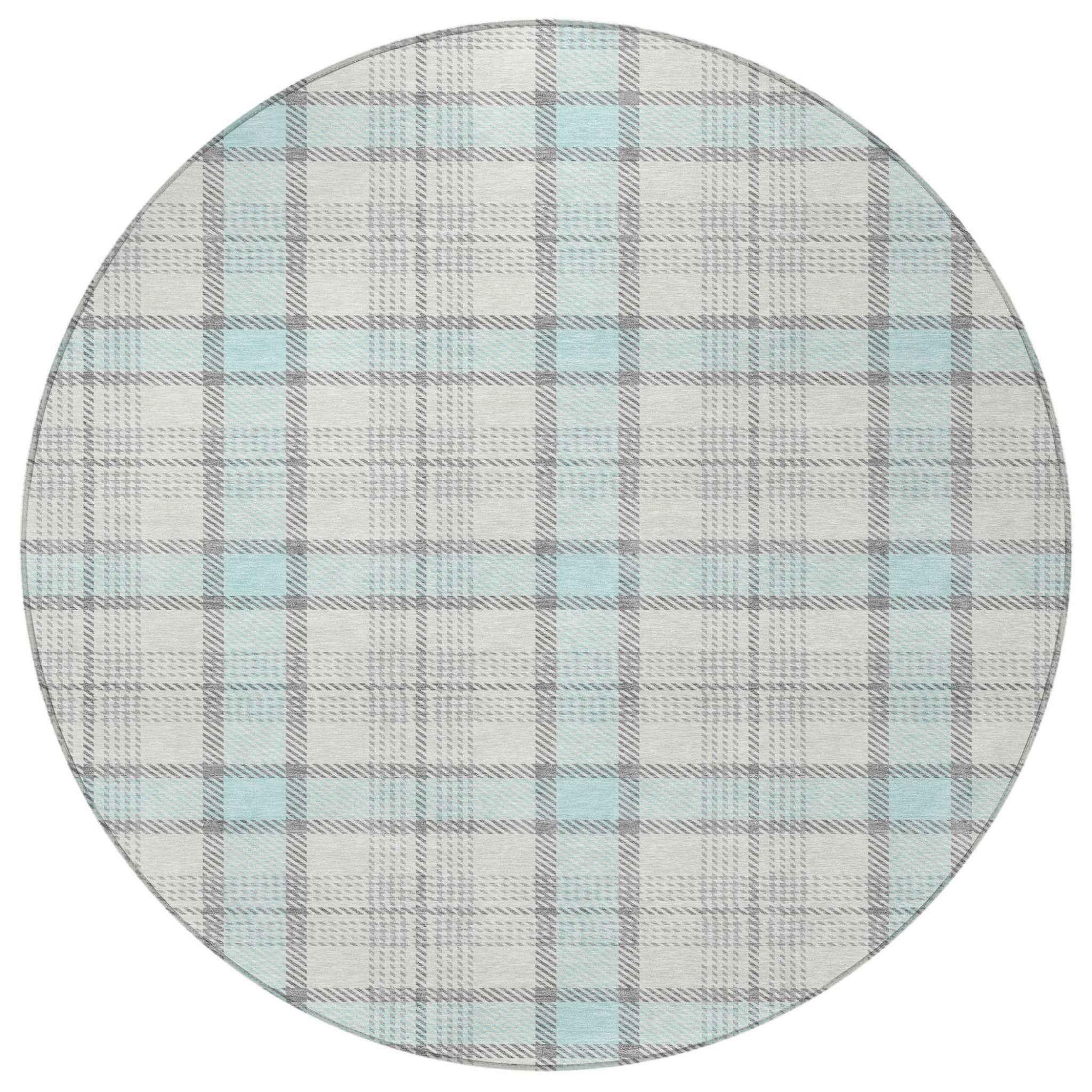 8' Sky Blue And Gray Round Plaid Washable Indoor Outdoor Area Rug