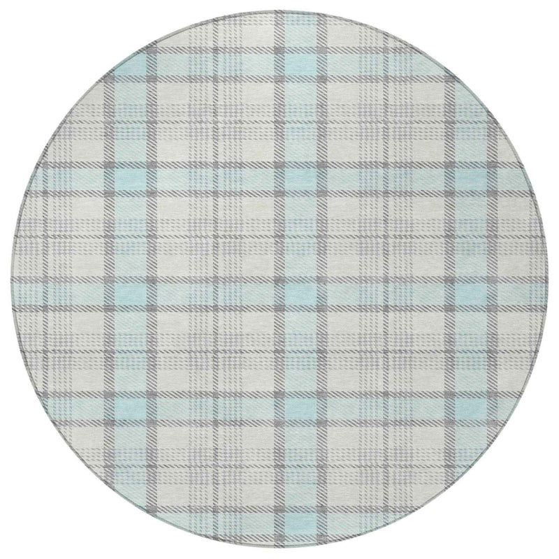8' Sky Blue And Gray Round Plaid Washable Indoor Outdoor Area Rug