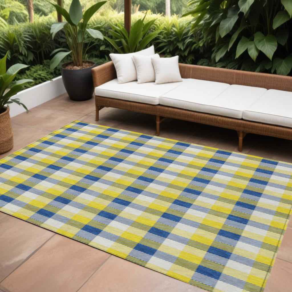 9' X 12' Yellow Blue And Beige Plaid Washable Indoor Outdoor Area Rug