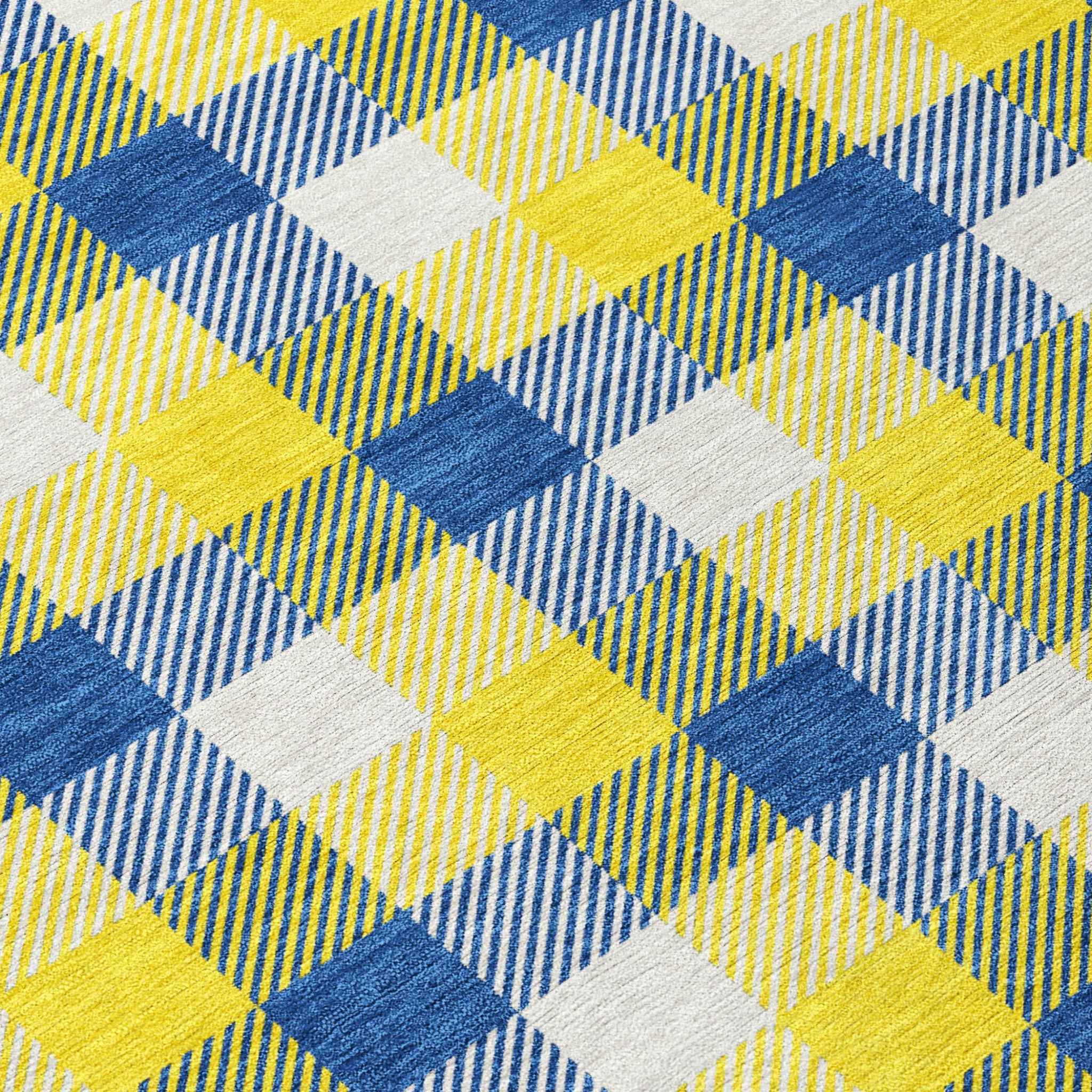 9' X 12' Yellow Blue And Beige Plaid Washable Indoor Outdoor Area Rug